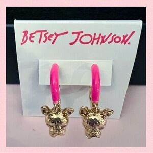 🐶BETSEY JOHNSON Frenchie Enamel Hoop Earrings / Gold Tone Hot Pink